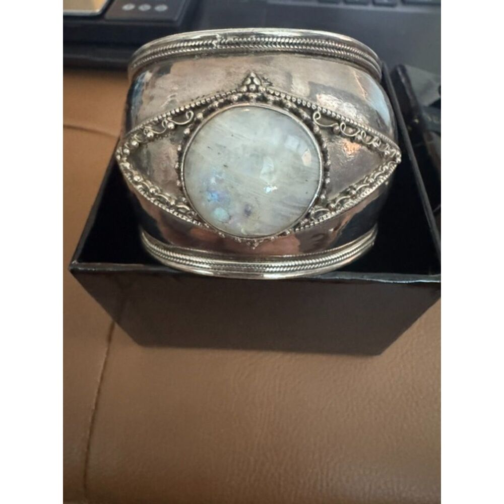 Sterling silver wide cuff bracelet with moonstone cabochon, 925.